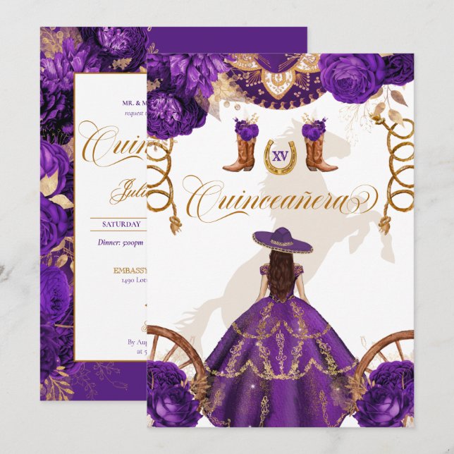 Invitación Royal Purple Western Charro Quinceanera de dos lad (Anverso / Reverso)