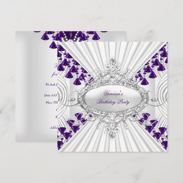 Invitación Royal Purple White Diamond Beads Fiesta de cumplea (Anverso / Reverso)