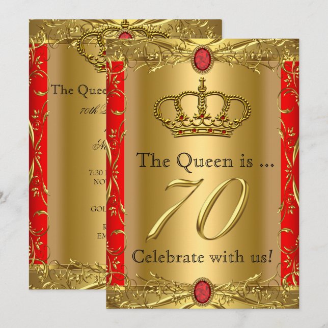 Invitación Royal Queen King Regal Red Gold 70 cumpleaños (Anverso / Reverso)