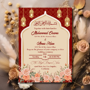 Invitación Royal Red and Gold Floral Islamic Muslim Boda
