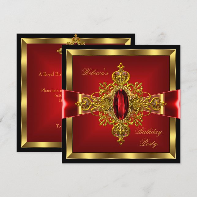 Invitación Royal Red Diamond Gold Bow Black Birday Party (Anverso / Reverso)