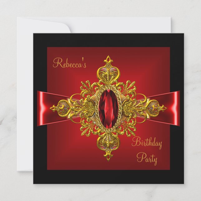 Invitación Royal Red Diamond Jewel Gold Bow Black 2 (Anverso)