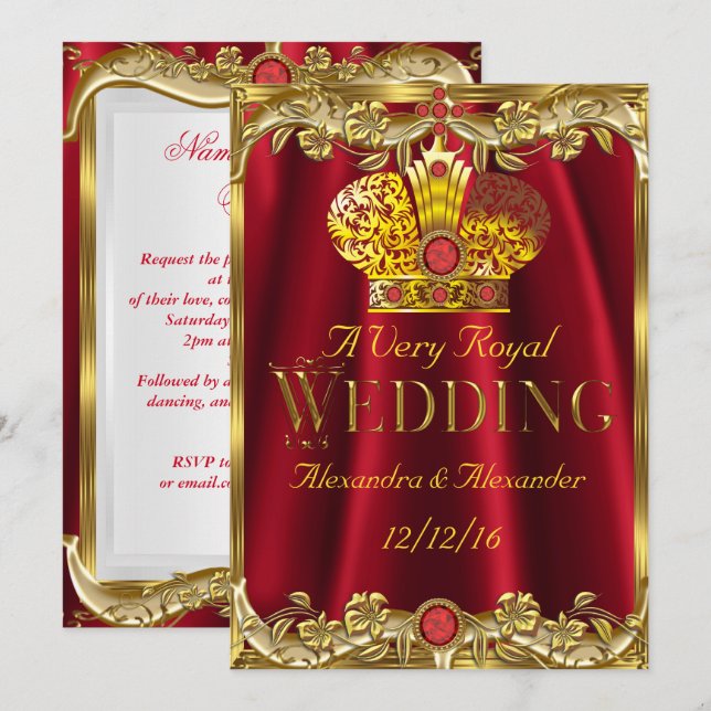 Invitación Royal Red Gems Boda Crown de oro (Anverso / Reverso)