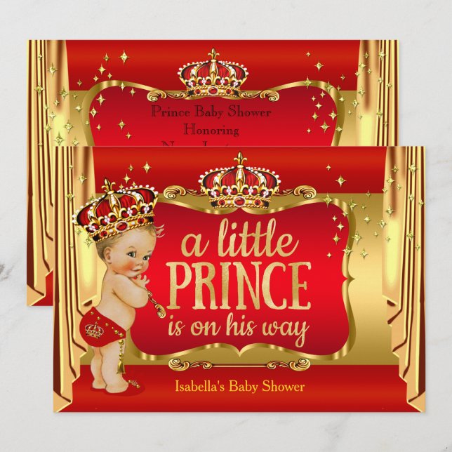 Invitación Royal Red Gold Boy Prince Baby Shower Blonde (Anverso / Reverso)