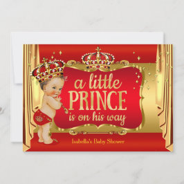 Invitación Royal Red Gold Boy Prince Baby Shower Brunette