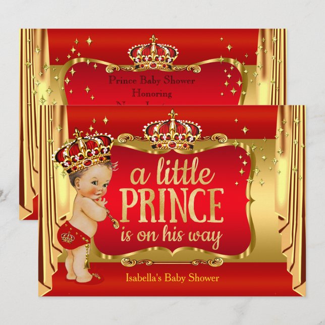 Invitación Royal Red Gold Boy Prince Baby Shower Brunette (Anverso / Reverso)