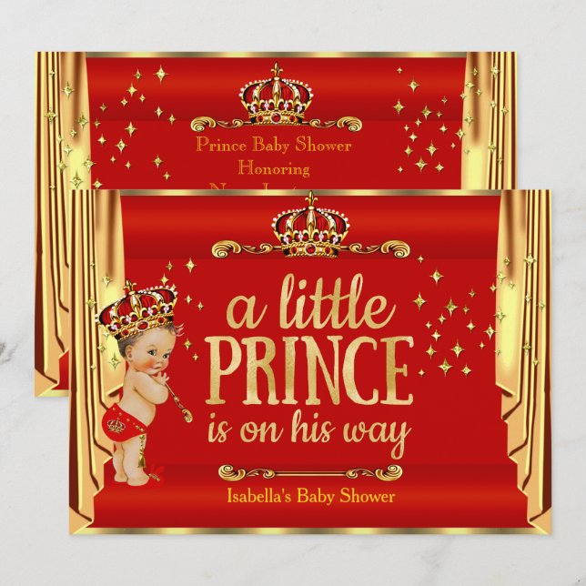 Invitación Royal Red Gold Drapa al príncipe Baby Shower Brune (Anverso / Reverso)