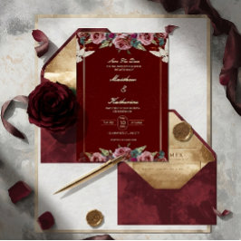Invitación Royal Red & Gold Floral Dove Wedding Invite