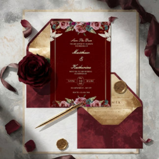 Invitación Royal Red & Gold Floral Dove Wedding Invite