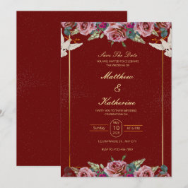 Invitación Royal Red & Gold Floral Dove Wedding Invite