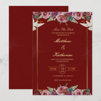 Invitación Royal Red & Gold Floral Dove Wedding Invite