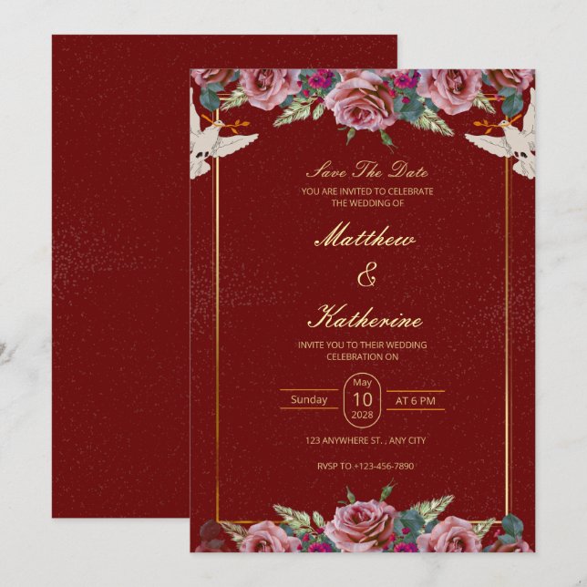 Invitación Royal Red & Gold Floral Dove Wedding Invite (Anverso / Reverso)