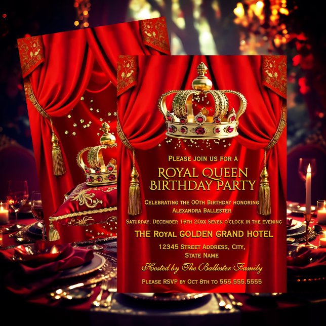 Invitación Royal Red Gold Queen Crown Birthday Party (Subido por el creador)