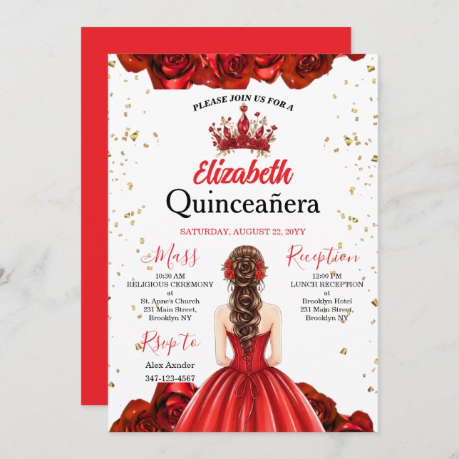 Invitación Royal Red Rose Butterfly Quinceañera Invite (Anverso / Reverso)