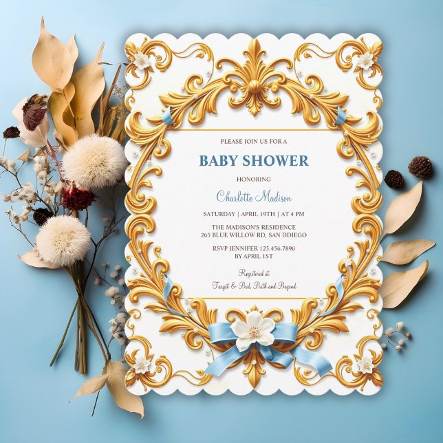 Invitación Royal Rococo Blue Gold Floral Boy Baby Shower (Royal Rococo Blue Gold Floral Boy Baby Shower Invitation)