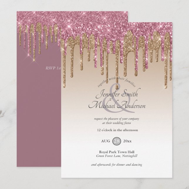 Invitación RoyalElegance Boda Purpurina de goteo de ORO PINK (Anverso / Reverso)