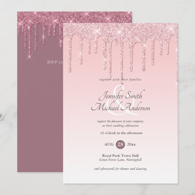 Invitación RoyalElegance PINK ROSE GOLD Purpurina Drin Boda (Anverso / Reverso)