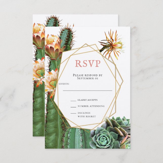 Invitación RSV de Boda Verde Cactus Suculentas (Anverso / Reverso)