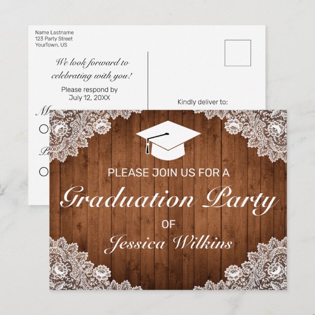 Invitación RSVP a la Graduación Rústica de Lazo Bl (Anverso / Reverso)