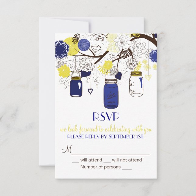 Invitación RSVP a las jarras de mason azul y amari (Anverso)