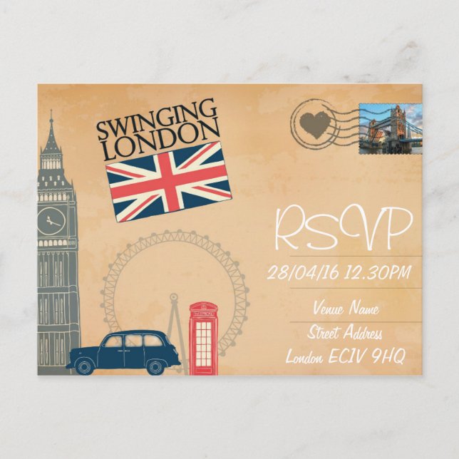 Invitación RSVP a una boda temática de Londres con (Anverso)