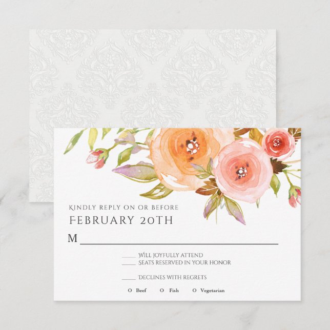 Invitación RSVP Acuarela Moderna Floral Damasco Melocotón Bod (Anverso / Reverso)