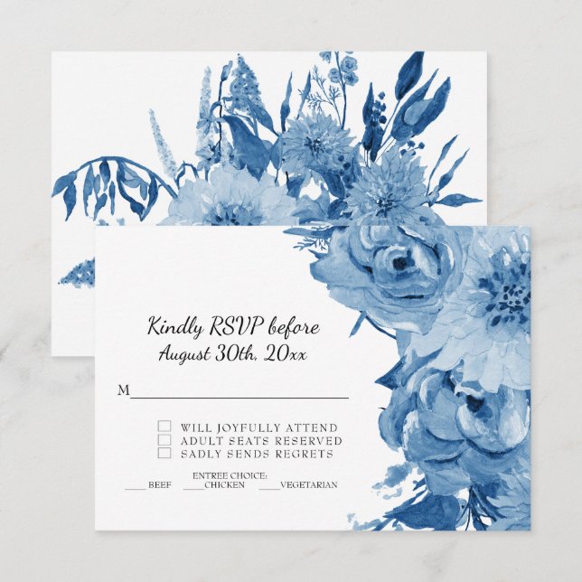 Invitación RSVP Azul y Blanco Acuarela Floral Moderna Boda (Anverso / Reverso)