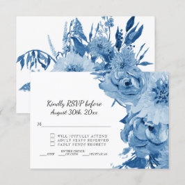 Invitación RSVP Azul y Blanco Acuarela Floral Moderna Boda
