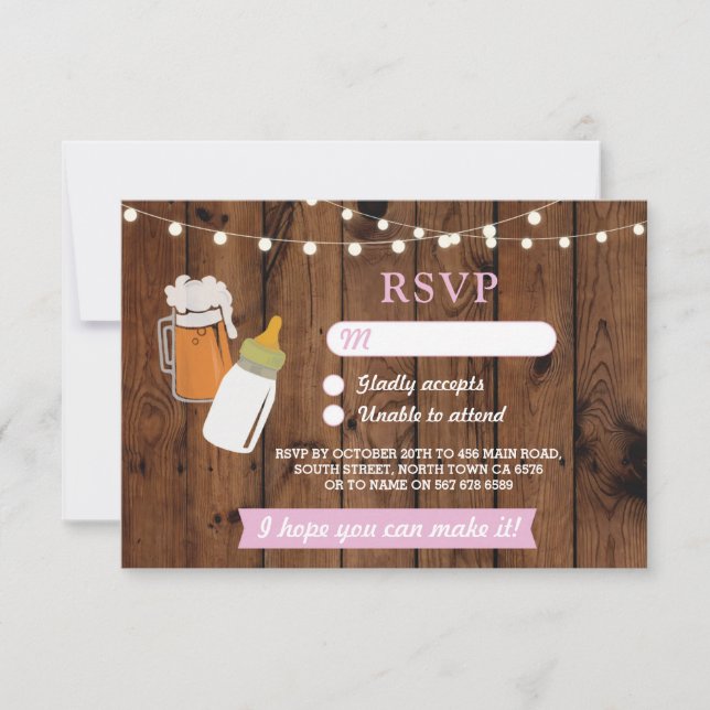Invitación RSVP Baby Shower Chica Rosa Madera de Cerveza (Anverso)