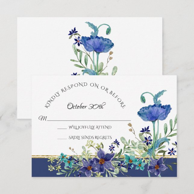 Invitación RSVP Boda Azul Amapola Follaje Floral Acuarela (Anverso / Reverso)