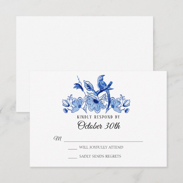 Invitación RSVP Boda Azul Chinoiserie Floral acuarela (Anverso / Reverso)