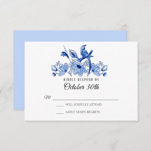Invitación RSVP Boda Azul Claro Floral Chinoiserie Acuarela (Anverso / Reverso)