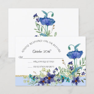 Invitación RSVP Boda Azul Pálido Amapola Acuarela Floral