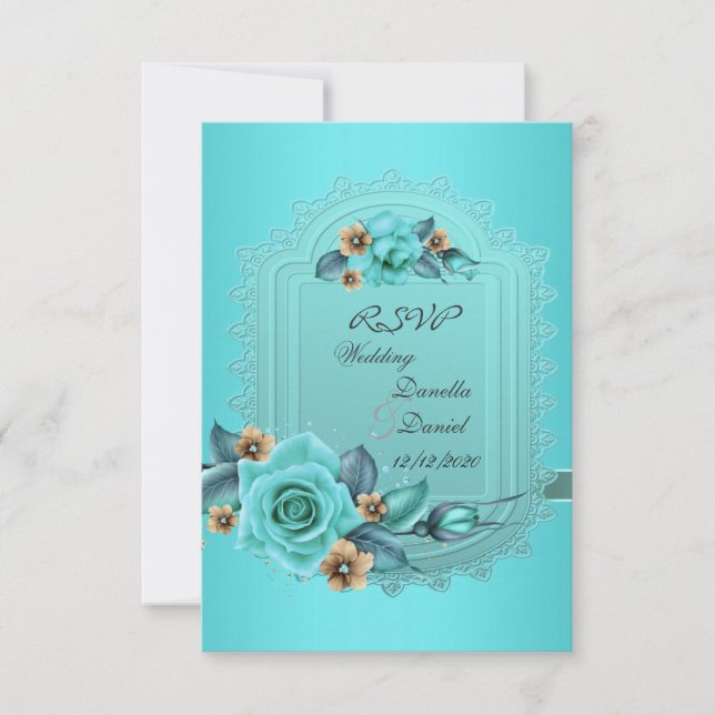 Invitación RSVP Boda Azul Teal Beige Rosas Flores 2 (Anverso)