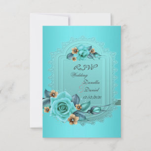 Invitación RSVP Boda Azul Teal Beige Rosas Flores 2