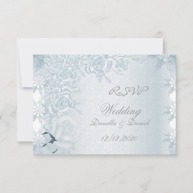 Invitación RSVP Boda Blanco Rosas Azules Copos de Nieve Plate (Anverso)