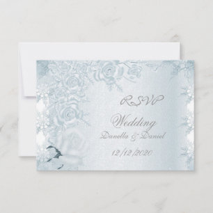 Invitación RSVP Boda Blanco Rosas Azules Copos de Nieve Plate