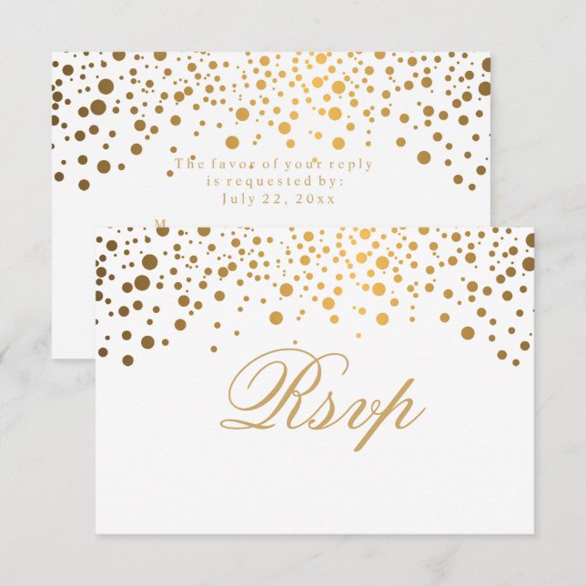 Invitación RSVP Boda con lunares blancos y dorados confeti (Anverso / Reverso)