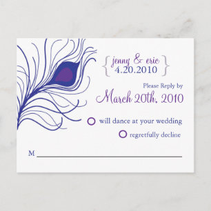 Invitación RSVP Boda de plumas de pavo real Postal Azul púrpu