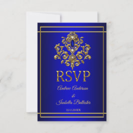 Invitación RSVP Boda Elegante Joya Azul Real Dorado 2