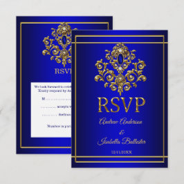 Invitación RSVP Boda Elegante Joya Azul Real Dorado 2