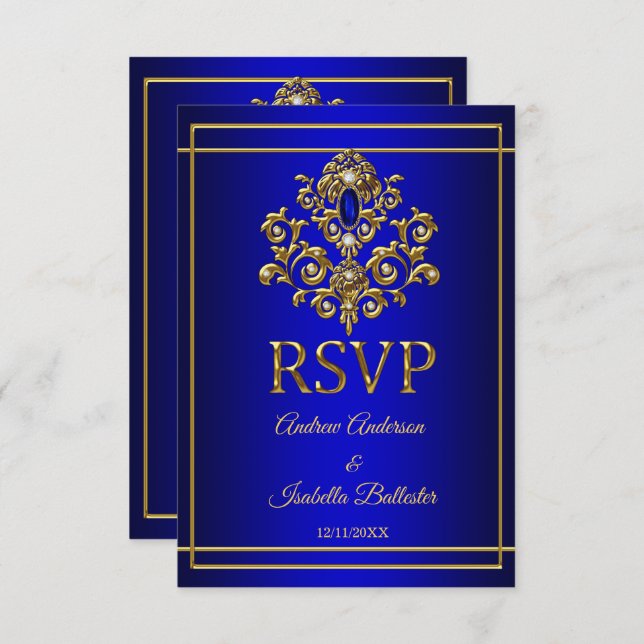 Invitación RSVP Boda Elegante Joya Azul Real Dorado 2 (Anverso / Reverso)
