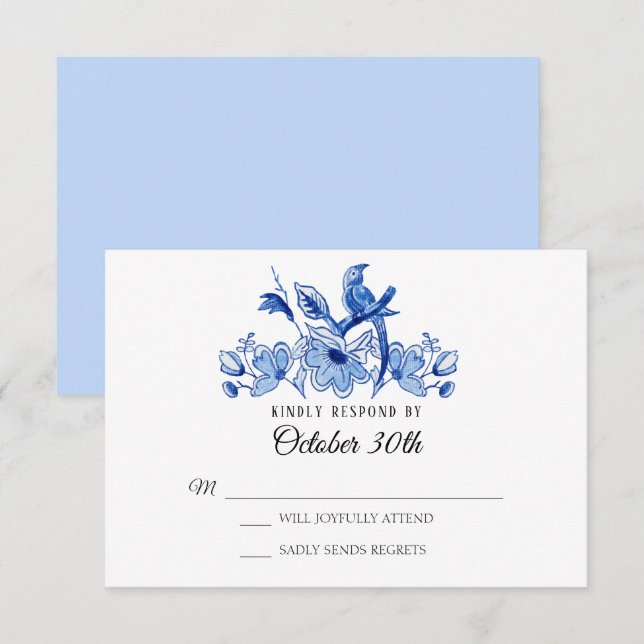 Invitación RSVP Boda Floral Acuarela Chinoiserie Azul Claro (Anverso / Reverso)