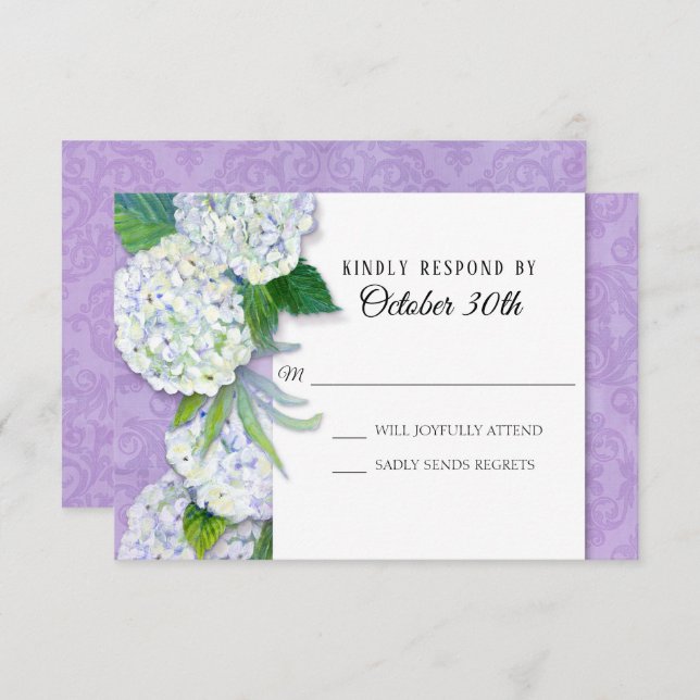 Invitación RSVP Boda Floral Hortensia Lila Damask Arte (Anverso / Reverso)