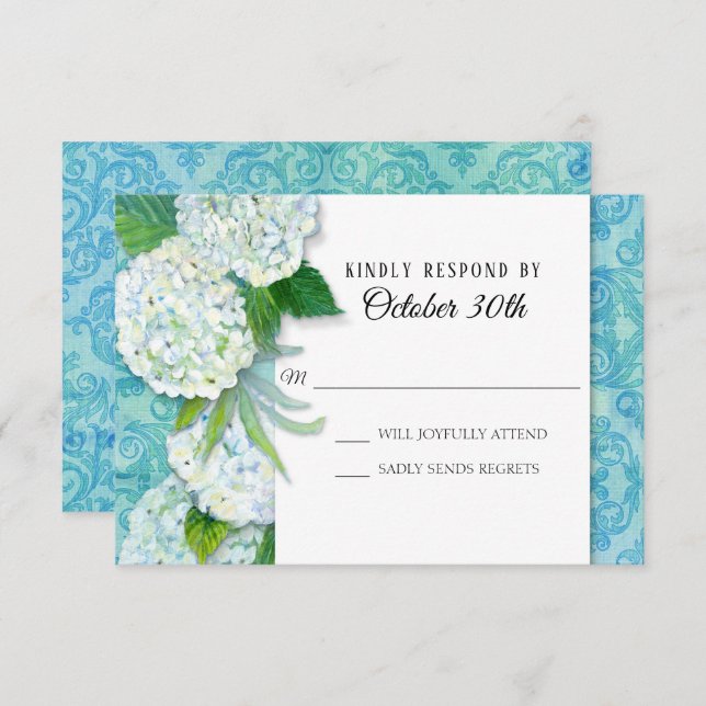 Invitación RSVP Boda Floral Hortensias Patrón de Damasco Aqua (Anverso / Reverso)