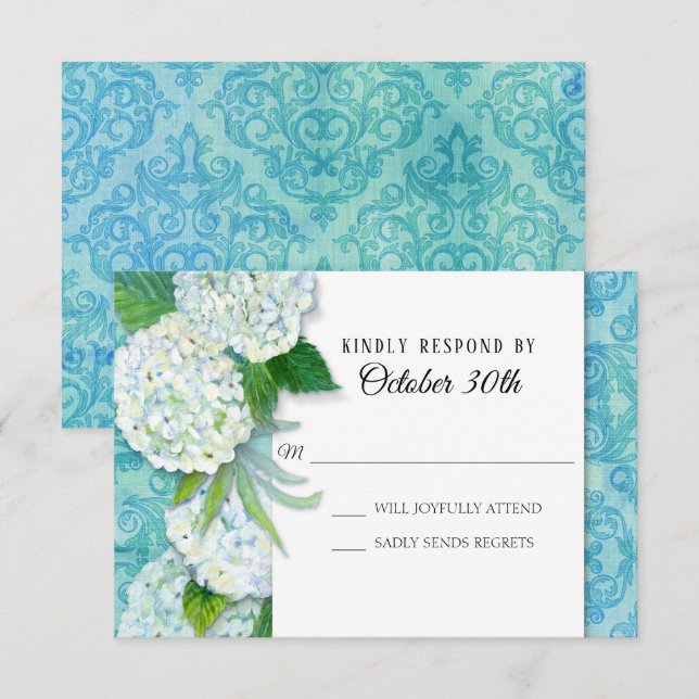 Invitación RSVP Boda Floral Hydrangeas Aqua Damask Pattern (Anverso / Reverso)