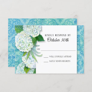 Invitación RSVP Boda Floral Hydrangeas Aqua Damask Pattern
