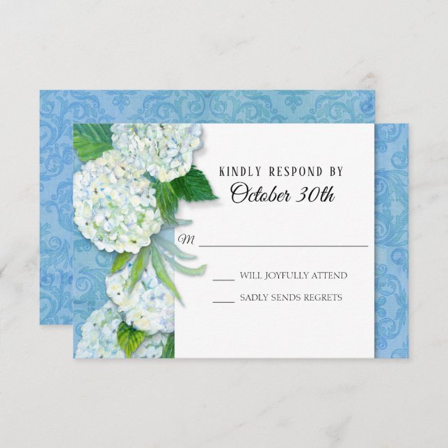Invitación RSVP Boda Floral Hydrangeas Blue Damask Pattern (Anverso / Reverso)