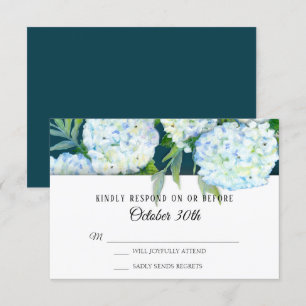 Invitación RSVP Boda Hortensias Pintadas de Blanco Azul Pavo