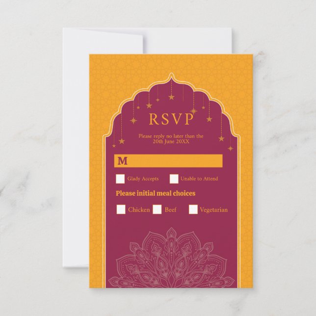 Invitación RSVP Boda Indian Temple Palace Mustard (Anverso)